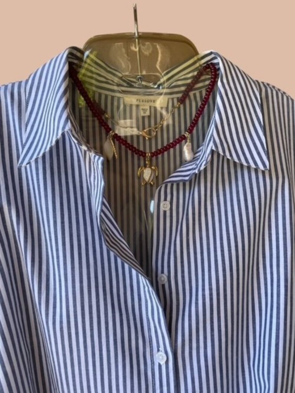 Pleione Anthropology White/Blue 100% Cotton Striped Long‎ Sleeve Button Up Shir